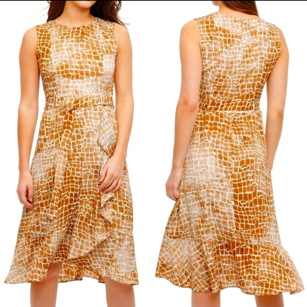 NEW Calvin Klein Plus Size Animal Print Belted Sleeveless Ruffled Sheath Dress